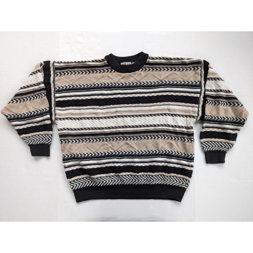 Vintage Cotton Traders Sweater Mens XL Coogi Style White Black Beige‎ 3D Knit